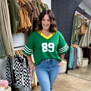 Green Varsity Top with Yellow Accents